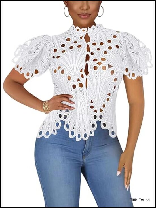 Tops - Sexy Ruffle Lace Tunic Blouse Long Sleeve V Neck Button Down Hollow Out
